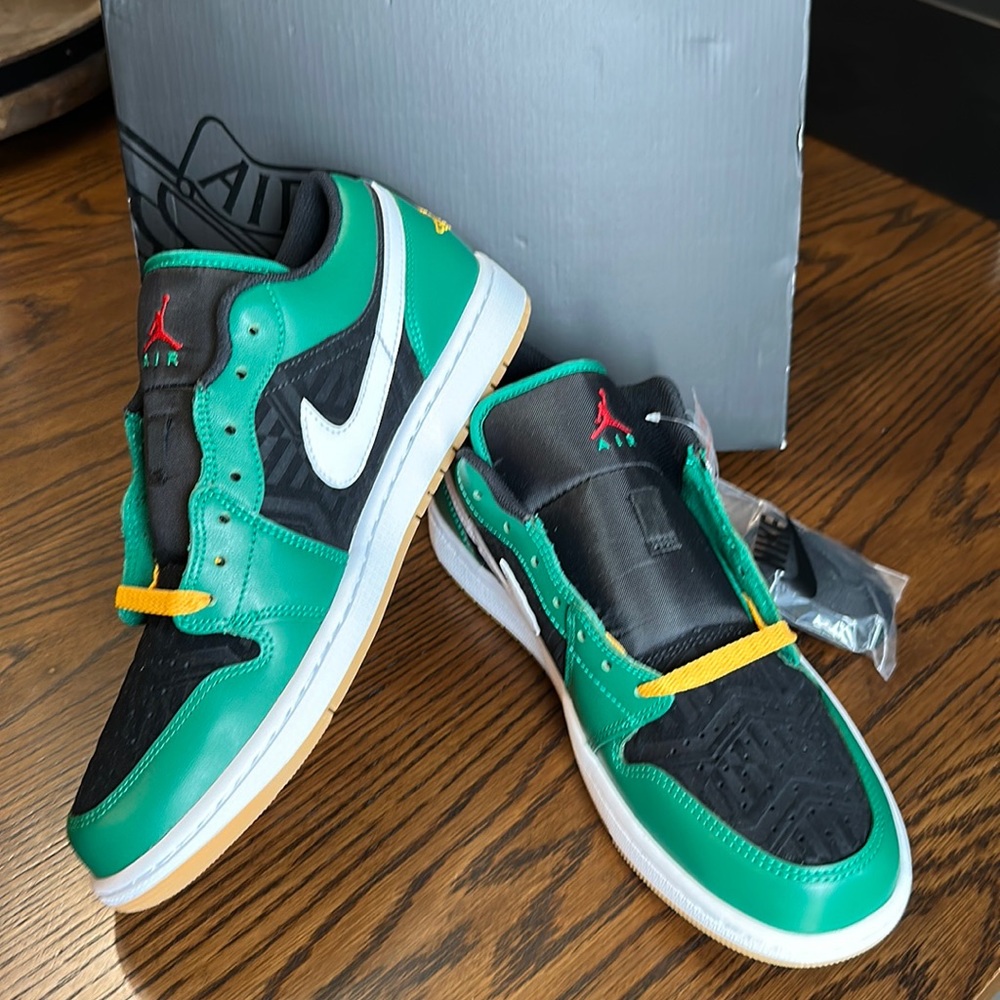 Jordan 1 Low Sneakers in Green, Black, and White